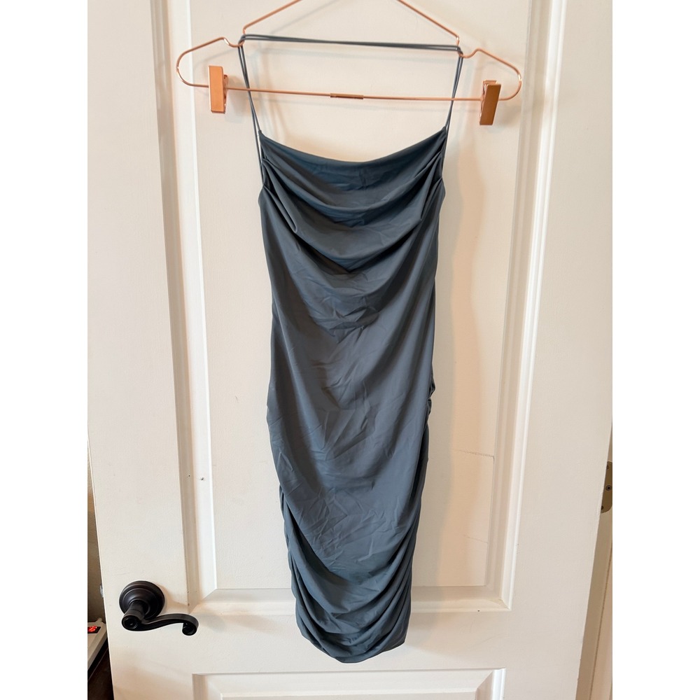 Tiger Mist Mini Dress Women XS Slate Blue Ruched Backless Cowl Neck Bodycon Sexy - Picture 2 of 6